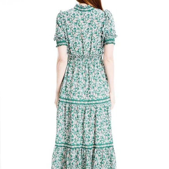 Max Studio Elbow Length Sleeve Print Tiered Maxi Dress ditsy floral Green White - Picture 4 of 17
